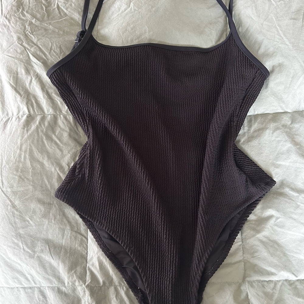 Aerie Black Textured One Piece Swimsuit